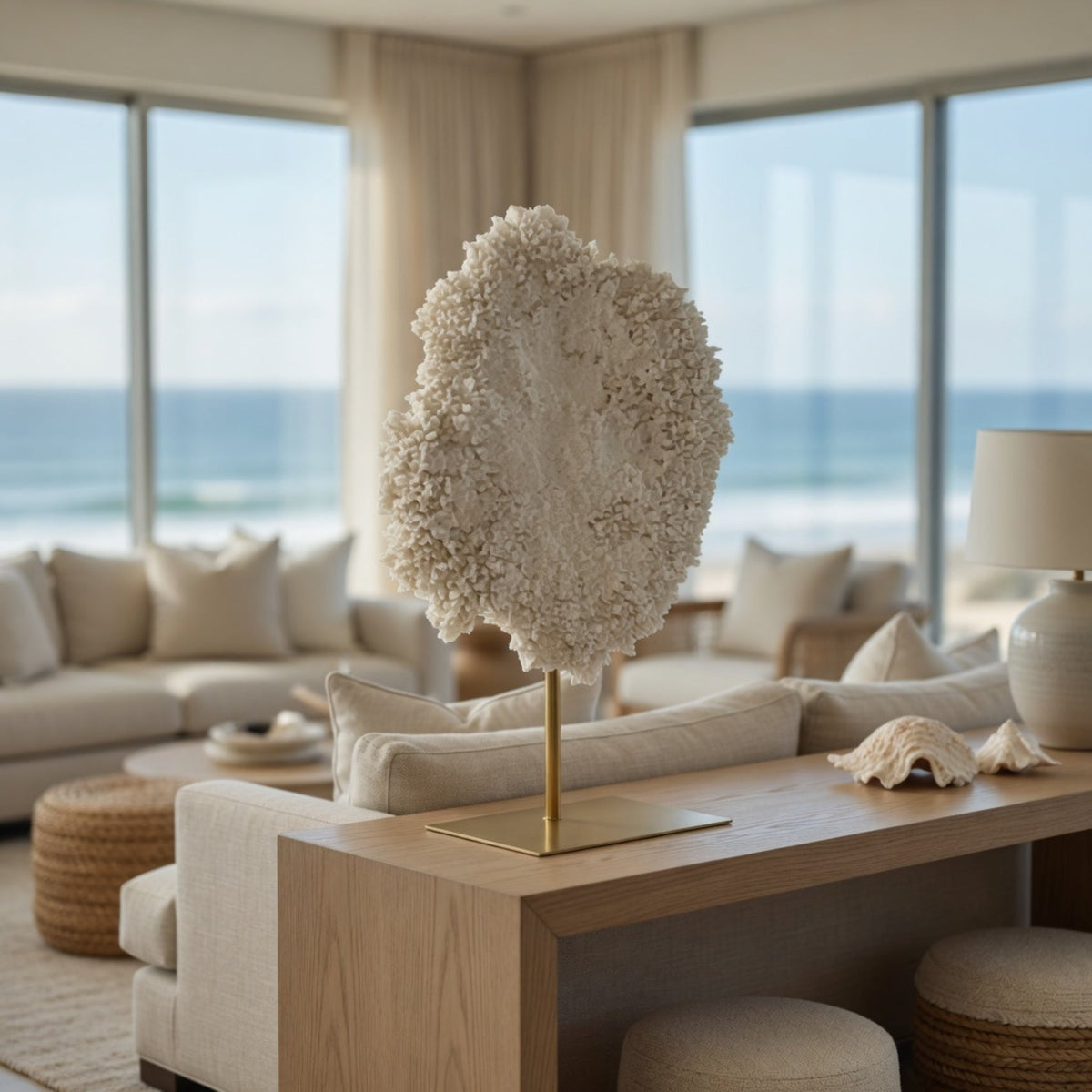 White Coral Sculpture Gold Base 30 in