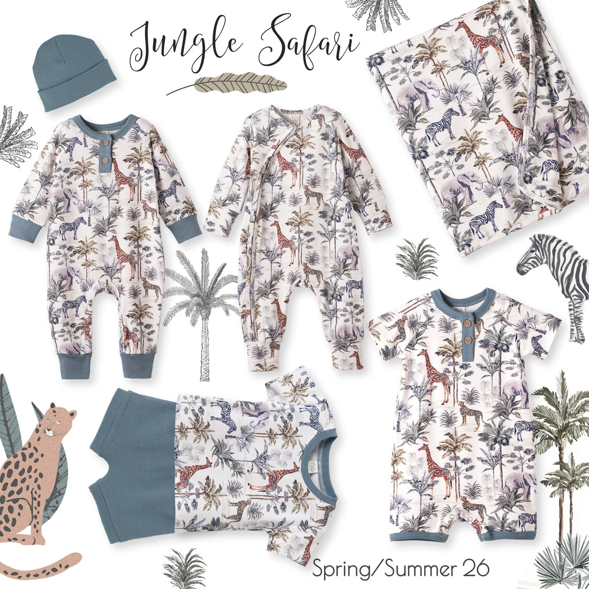 Jungle Safari Bamboo Zipper Romper with Convertible Cuffs