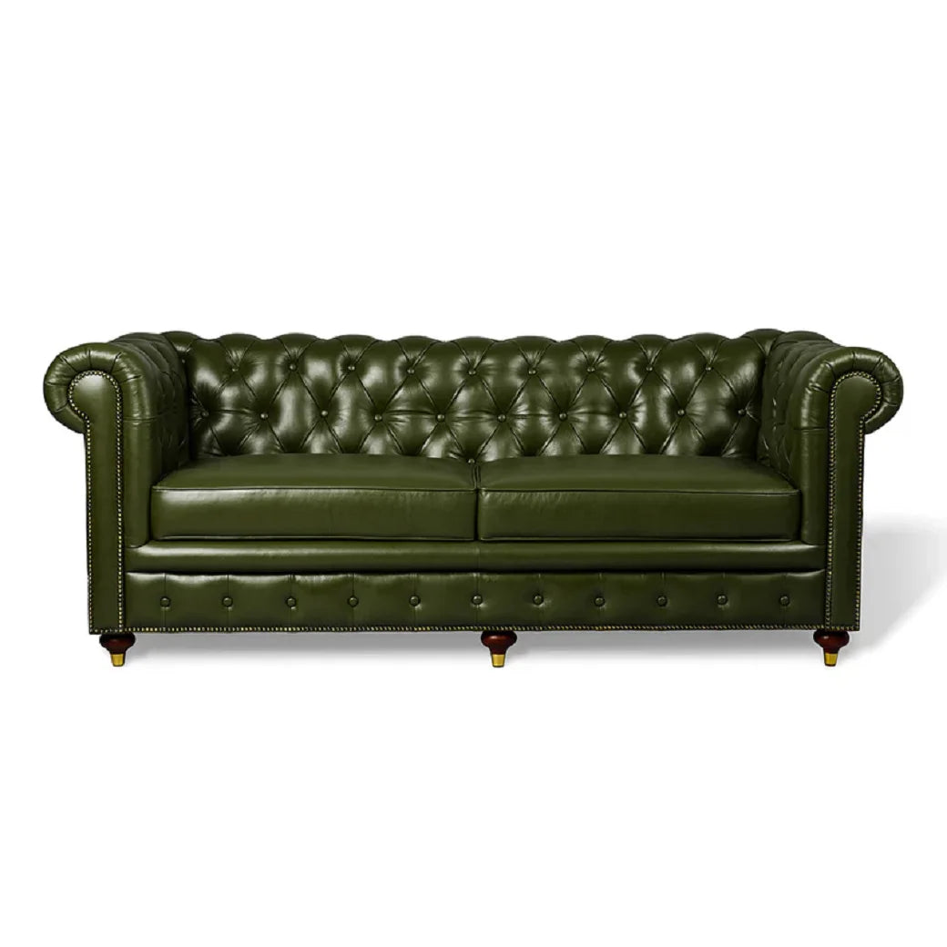 Midcentury Modern Tufted Genuine Leather Chesterfield Sofa Green
