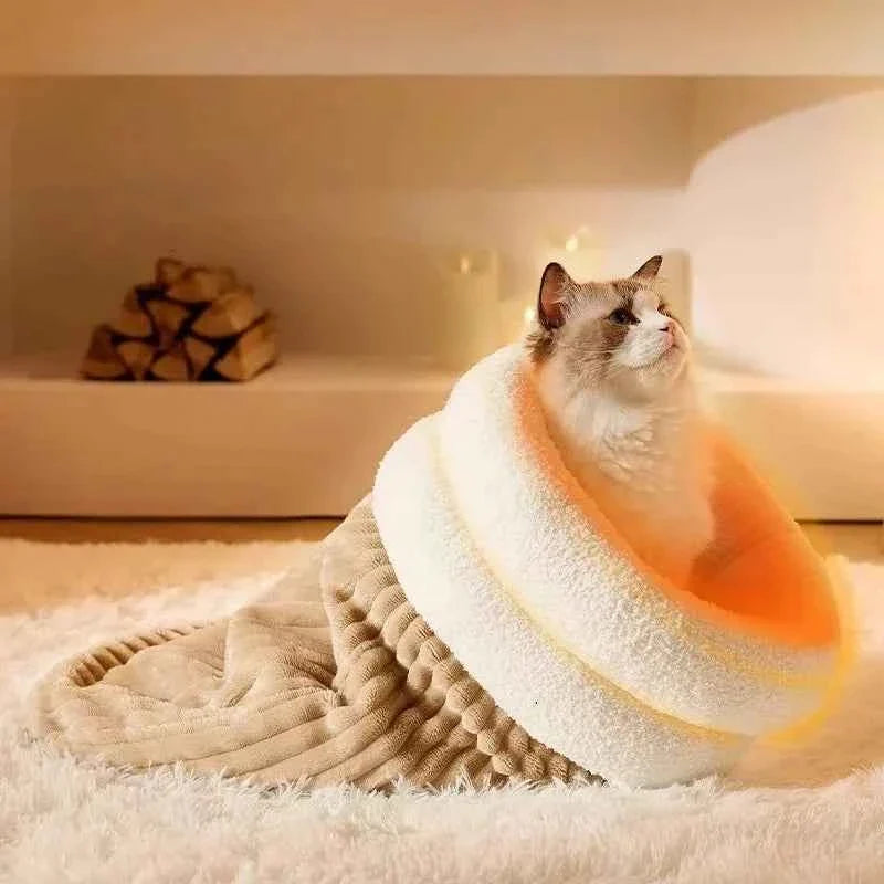 Kawaii Winter Plush Cat Sleeping Bag – Enclosed Snuggle Sack with Burrow Entry for Anxious & Cozy Cats (White & Khaki, M & L)