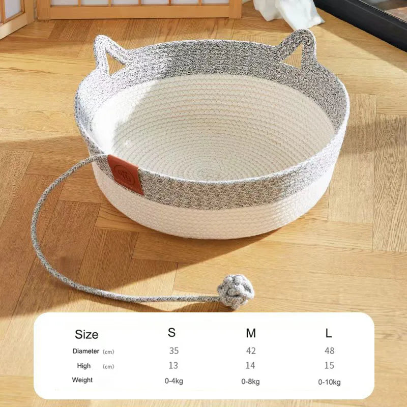 Japanese Hand-Woven Rattan Cat Basket – Summer Cooling Round Pet Bed, Cotton Rope, Optional Cushion, 3 Colors & 3 Sizes