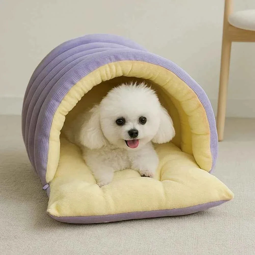 Kawaii Winter Plush Cat Cave Bed – Warm Enclosed Pet House with Removable Washable Cover (3 Colors, M & L)