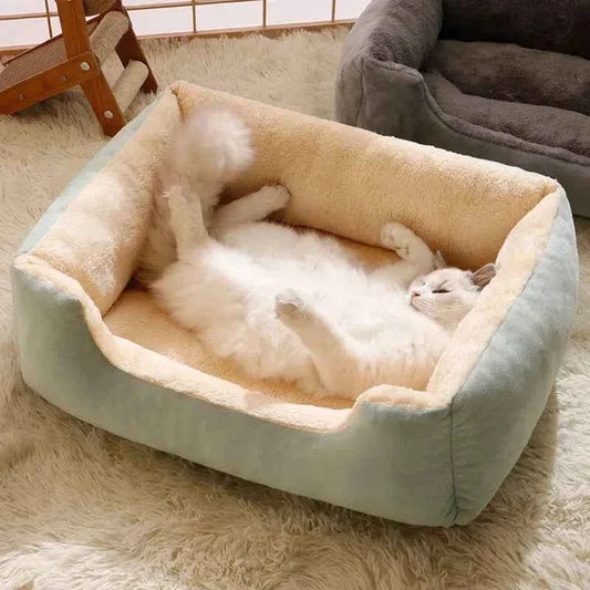 Kawaii Winter Warm Square Sofa Bed for Cats & Dogs – Soft Coral Fleece All-Season Pet Nest (5 Colors, S–XXL)