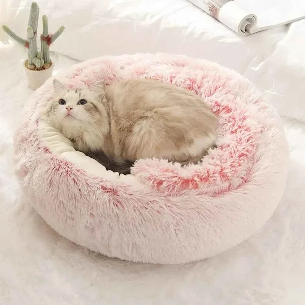 Enclosed Round Plush Cat & Dog Nest – Soft Warm Calming Sleep Bag Cave Bed, 6 Colors, 2 Sizes