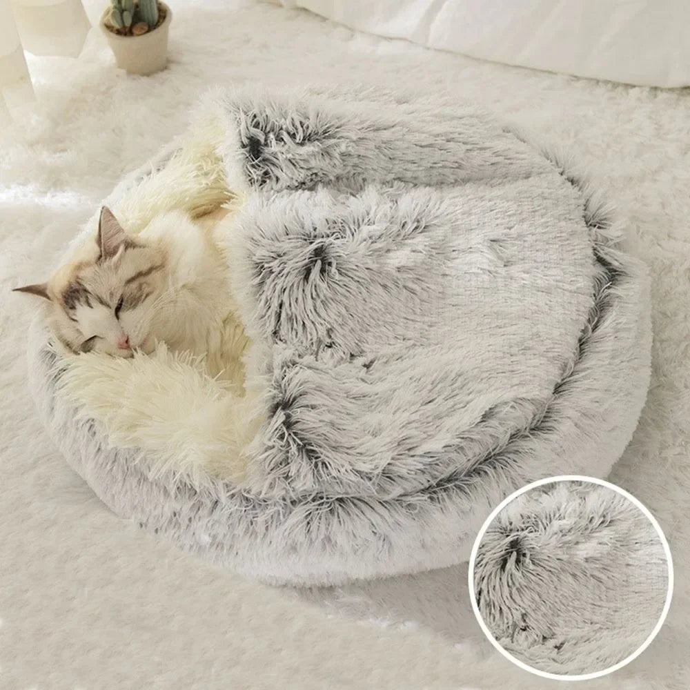 Enclosed Round Plush Cat & Dog Nest – Soft Warm Calming Sleep Bag Cave Bed, 6 Colors, 2 Sizes