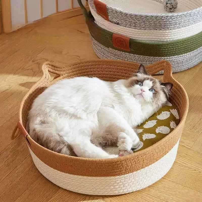 Japanese Hand-Woven Rattan Cat Basket – Summer Cooling Round Pet Bed, Cotton Rope, Optional Cushion, 3 Colors & 3 Sizes
