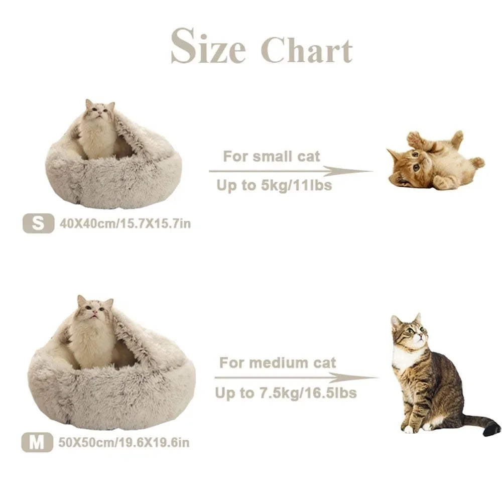 Enclosed Round Plush Cat & Dog Nest – Soft Warm Calming Sleep Bag Cave Bed, 6 Colors, 2 Sizes