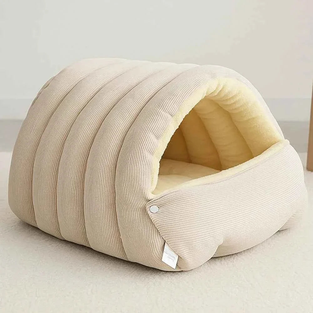 Kawaii Winter Plush Cat Cave Bed – Warm Enclosed Pet House with Removable Washable Cover (3 Colors, M & L)