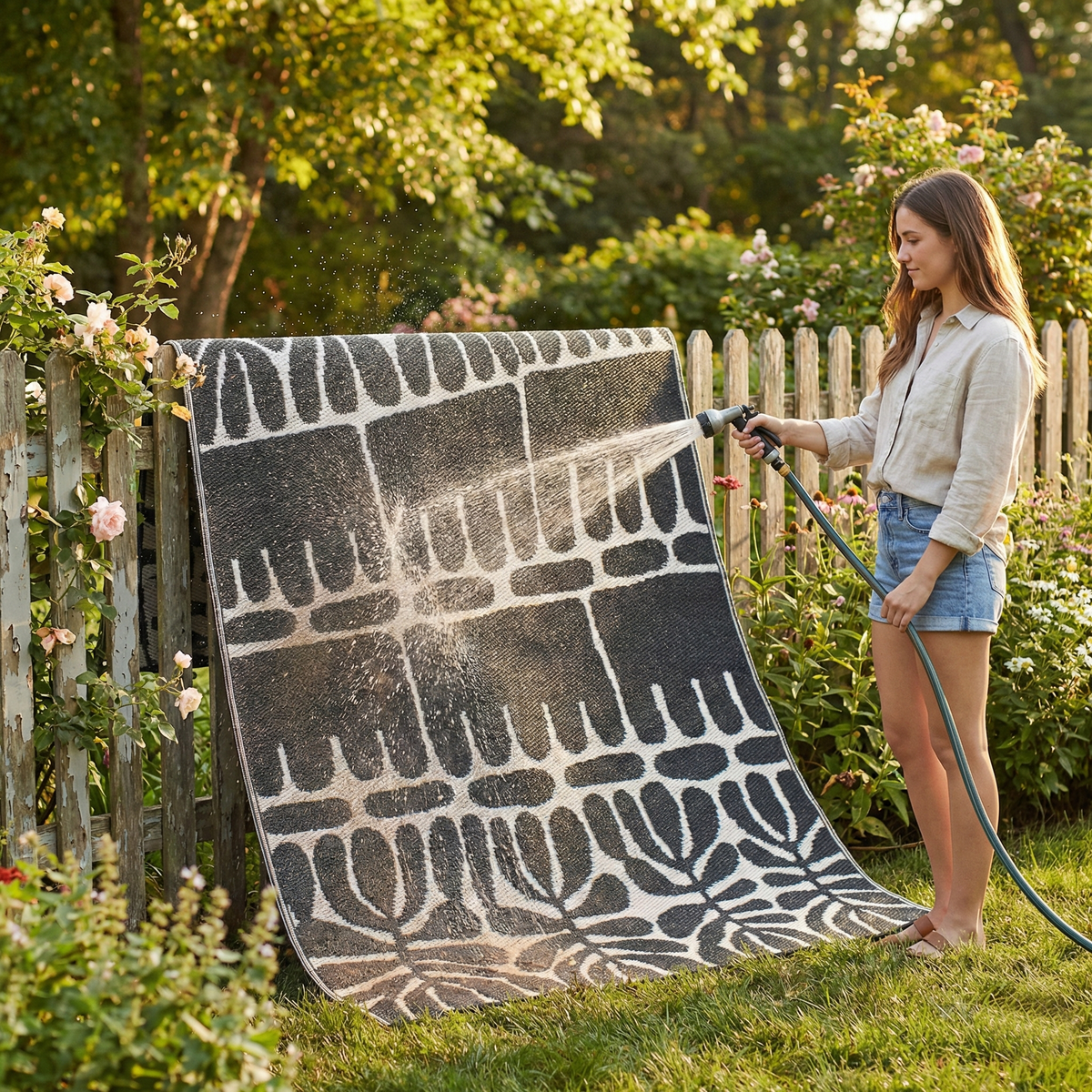 Serowe - Black & White Floral Outdoor Rug for Patio