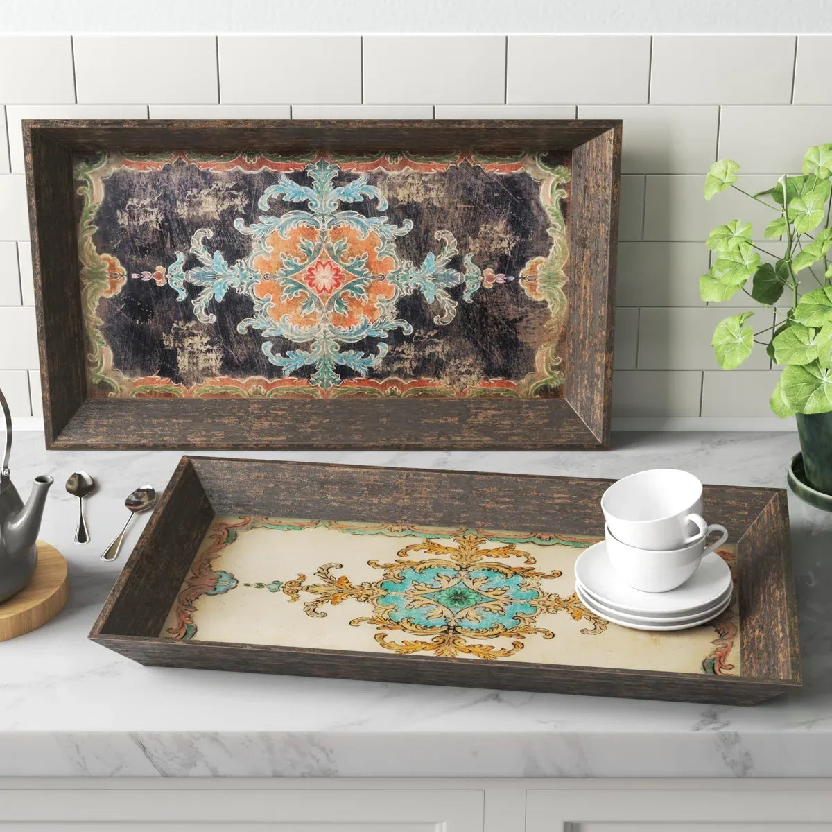 Capri Mediterranean Inlay Wooden Tray Set – Set of 2