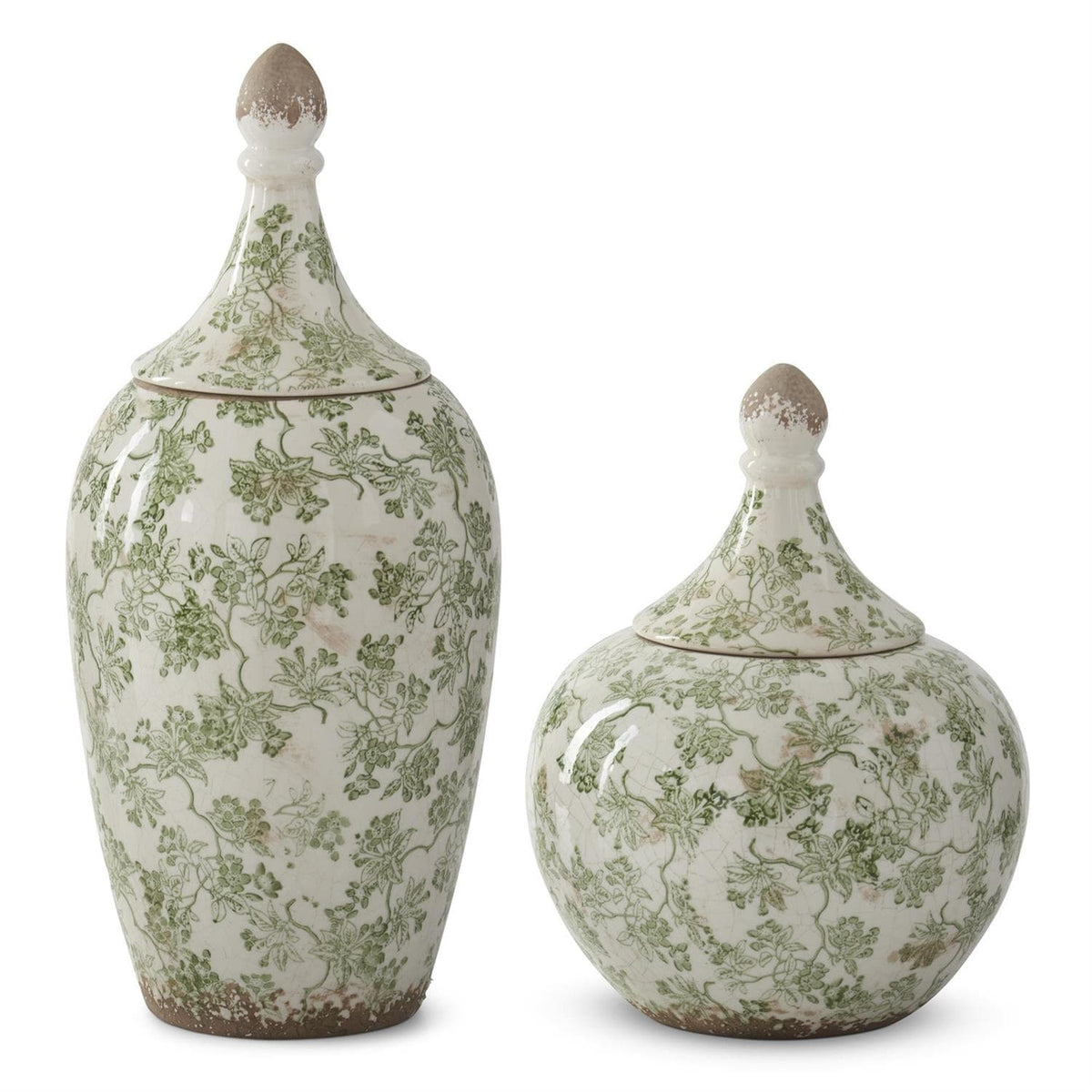Green & Cream Crackled Ceramic Chinoiserie Ginger Jars Set of 2 - Decorative Vases with Lids