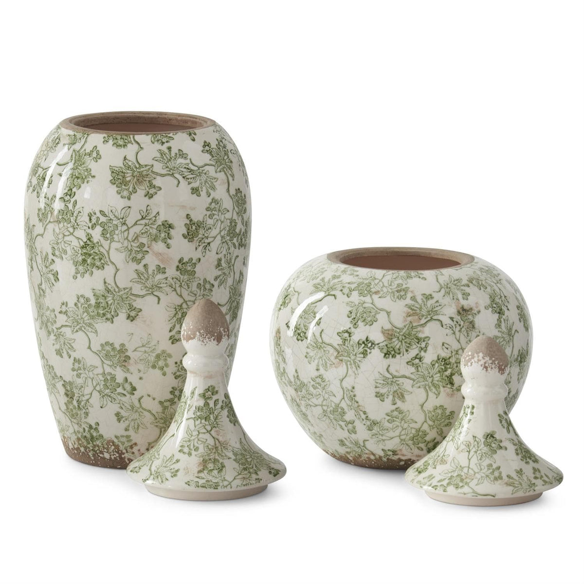 Green & Cream Crackled Ceramic Chinoiserie Ginger Jars Set of 2 - Decorative Vases with Lids