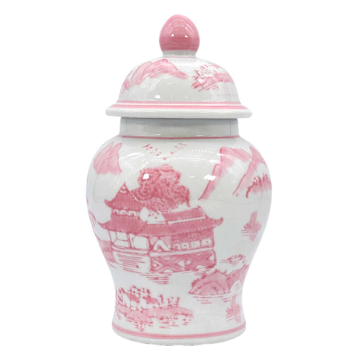 Small Pink and White Chinoiserie Ceramic Decorative Tea & Ginger Jar - 8 Inches