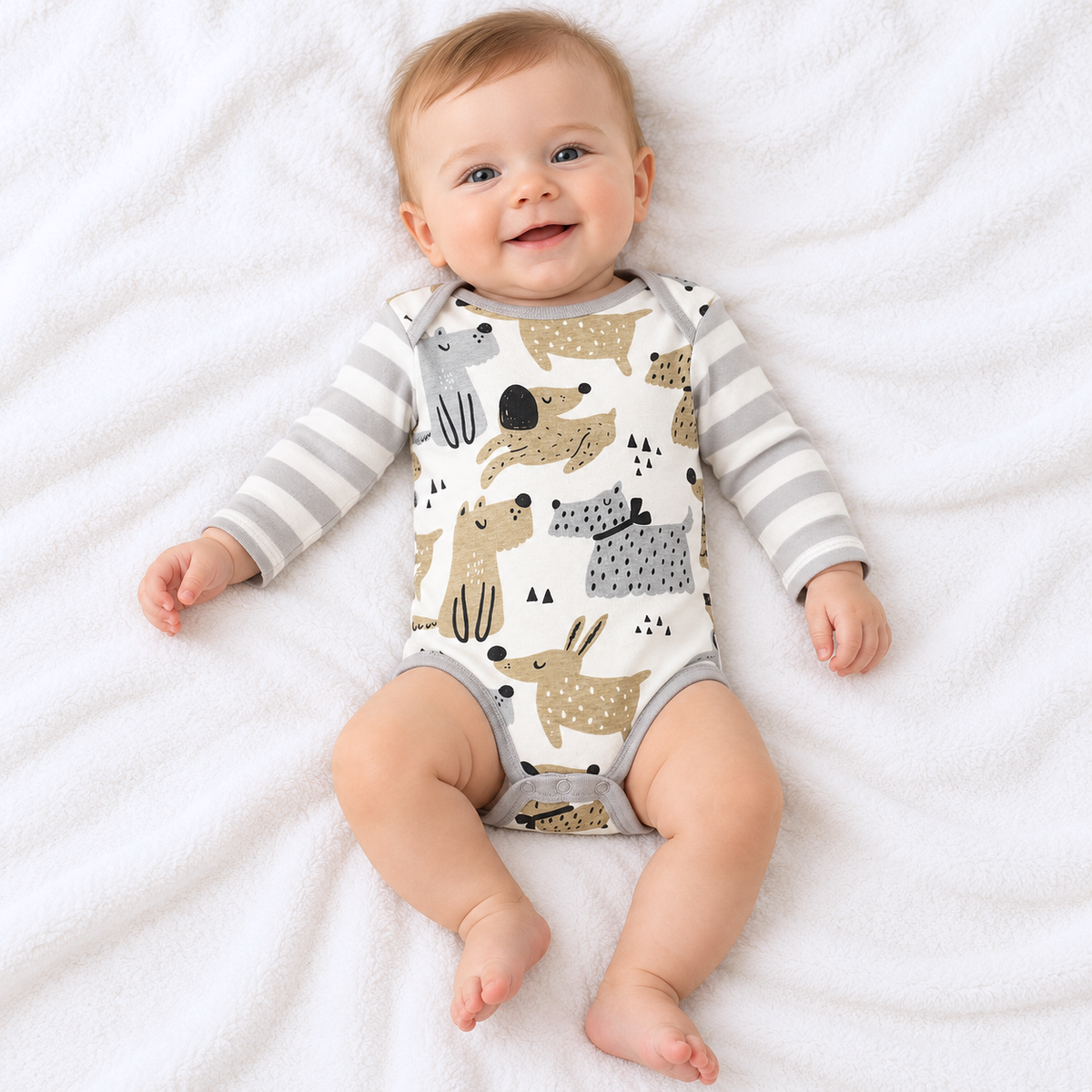 Puppy Dog Print Baby Bodysuit – Cotton Stripe Sleeve