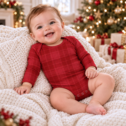Body bébé à motif écossais rouge en maille côtelée de coton doux - Combinaison de fête