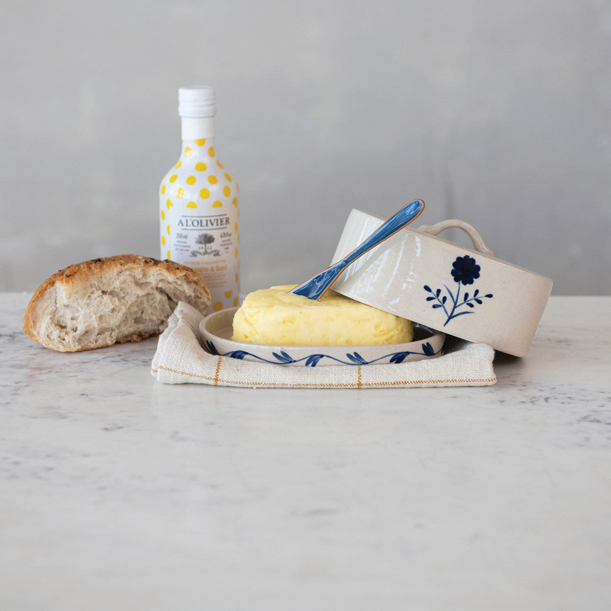 Hand-Painted Blue & White Stoneware Butter Dish with Flower