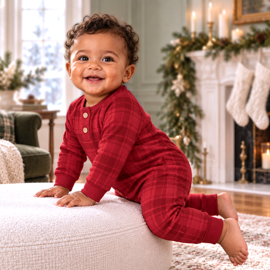 Barboteuse Henley à carreaux rouges pour bébé garçon en jersey de coton doux