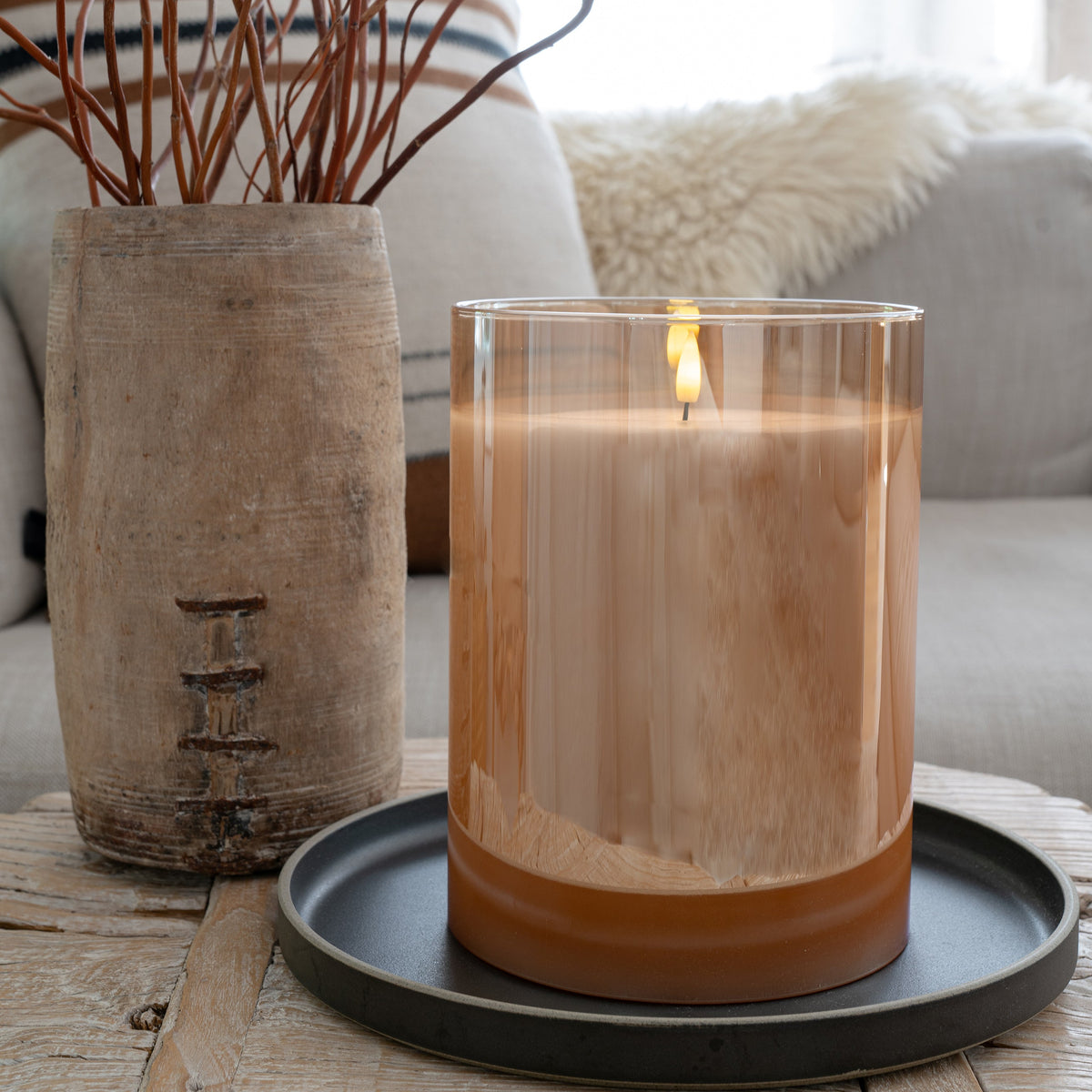 Amber Flameless LED Hurricane Glass Candle – Warm Glow, Battery-Operated, Safe Home Décor Lighting