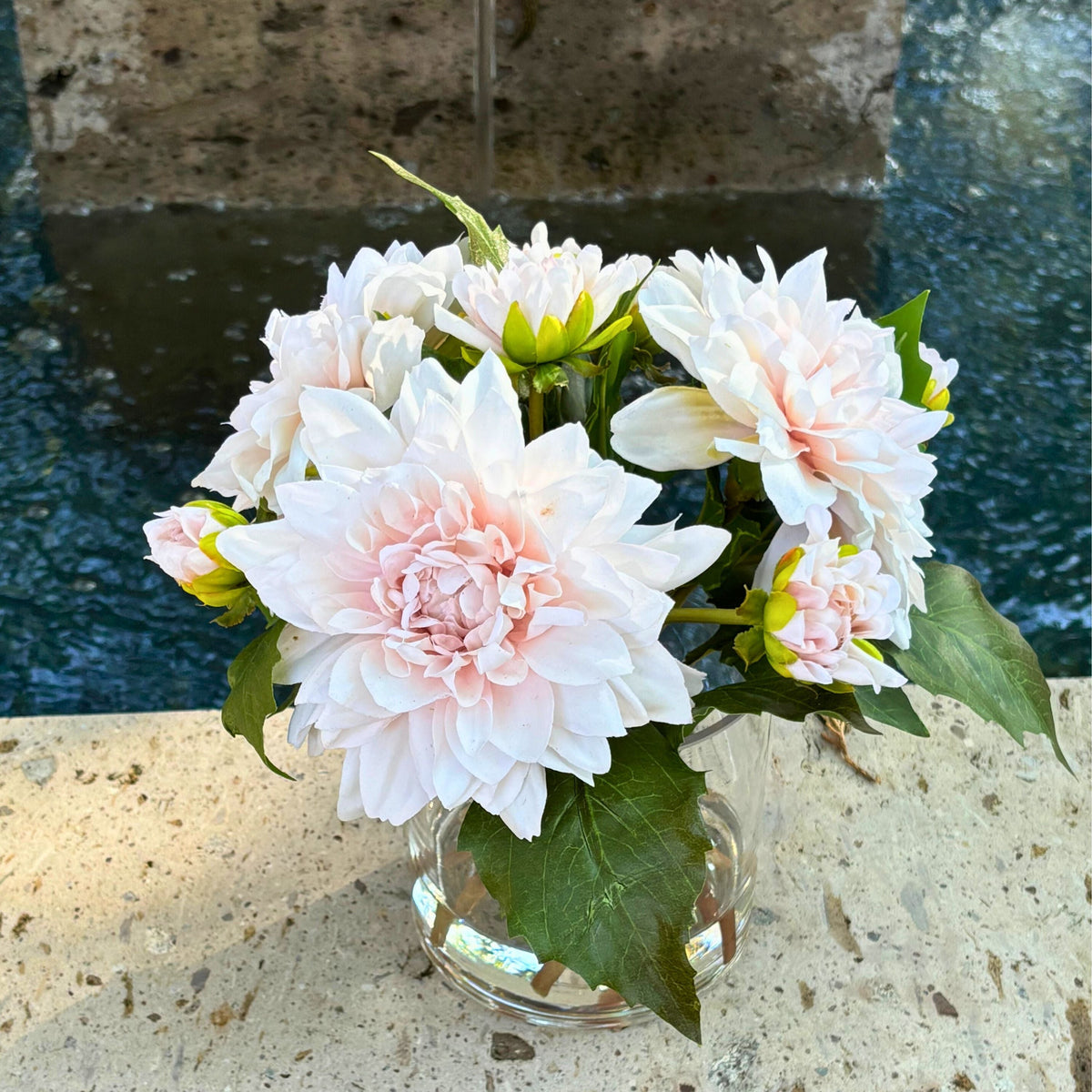 Artificial Dahlia Flower Arrangement in Glass Vase - 10"