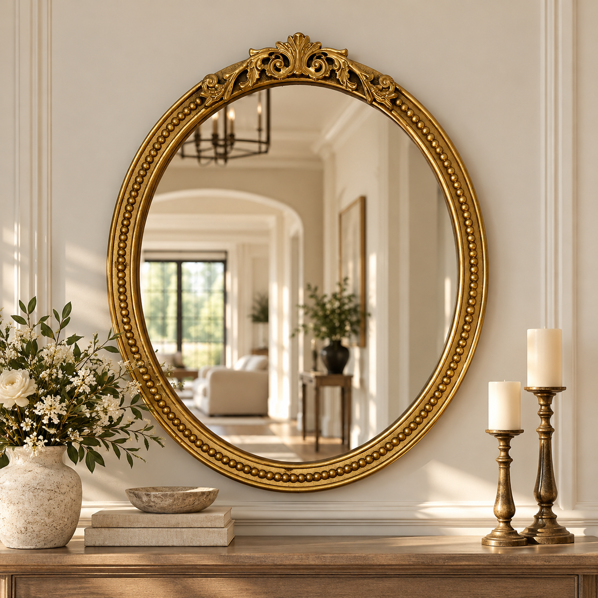 Solid Wood Frame Oval Mirror