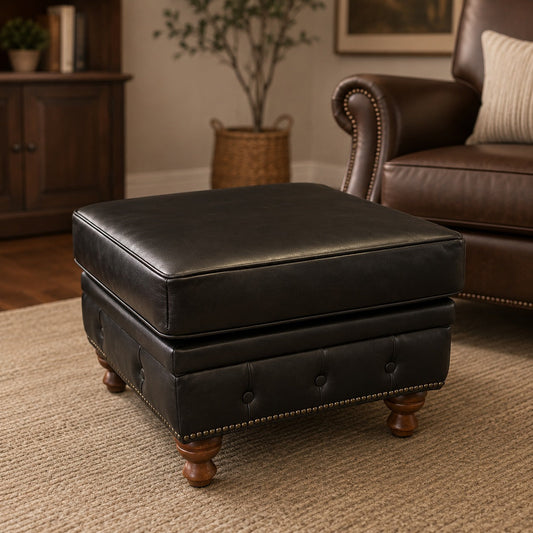 Ottoman en cuir style Chesterfield - Ardoise