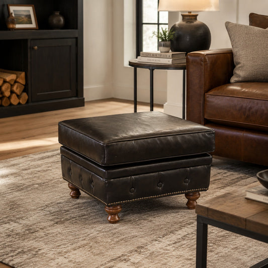Ottoman en cuir style Chesterfield - Ardoise