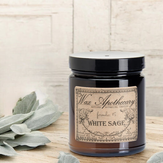 Candela botanica da 6 oz in vaso di vetro ambrato - Salvia bianca