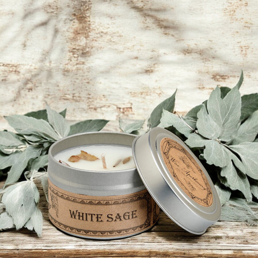 Bougie botanique à la sauge blanche en boîte de voyage