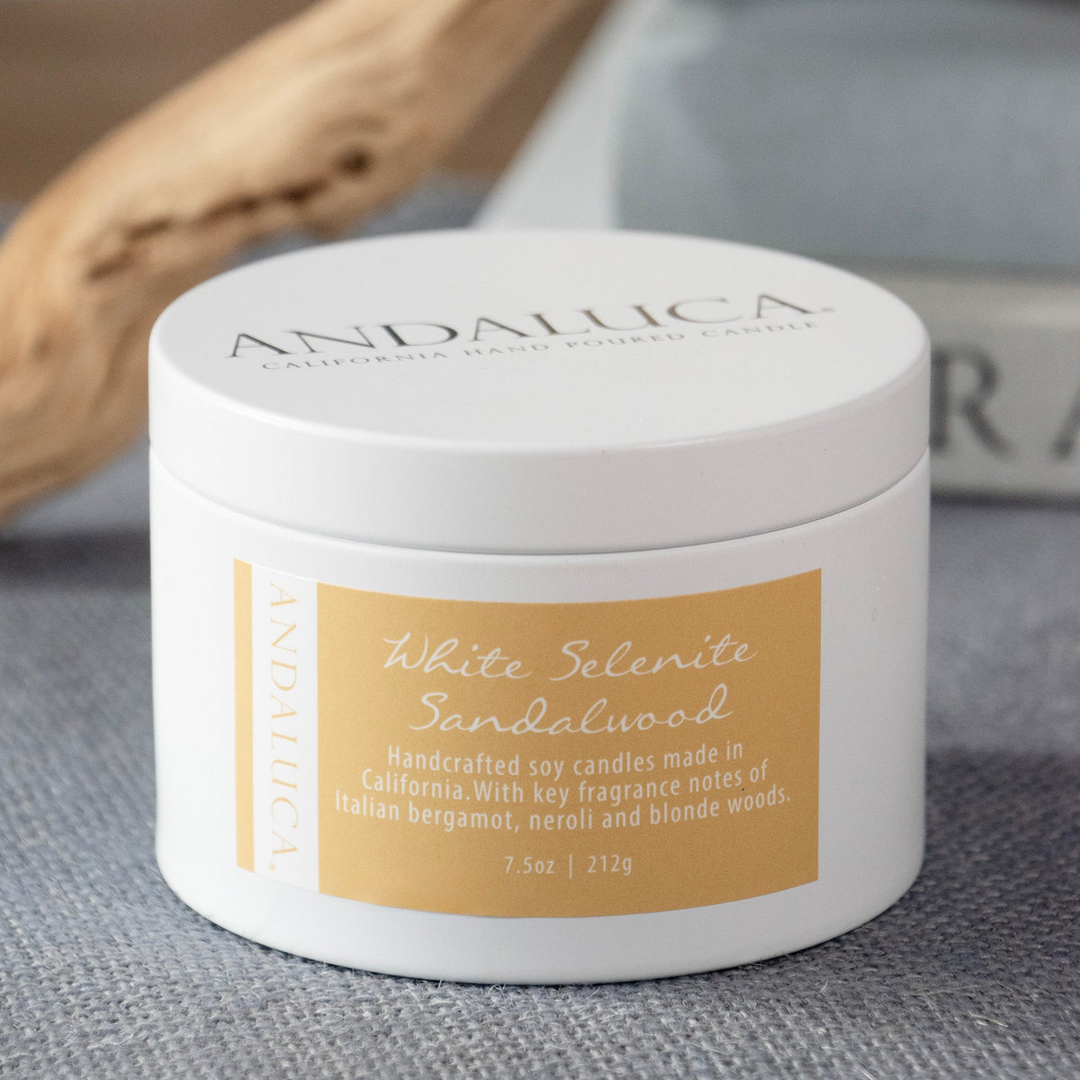 White Selenite Sandalwood 6 oz. Tin Candle