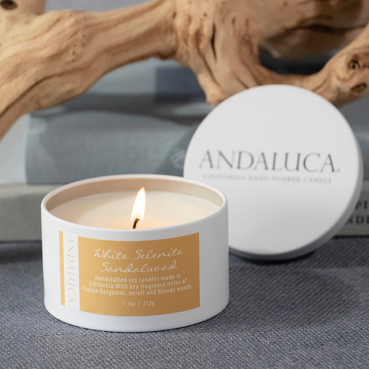 White Selenite Sandalwood 6 oz. Tin Candle