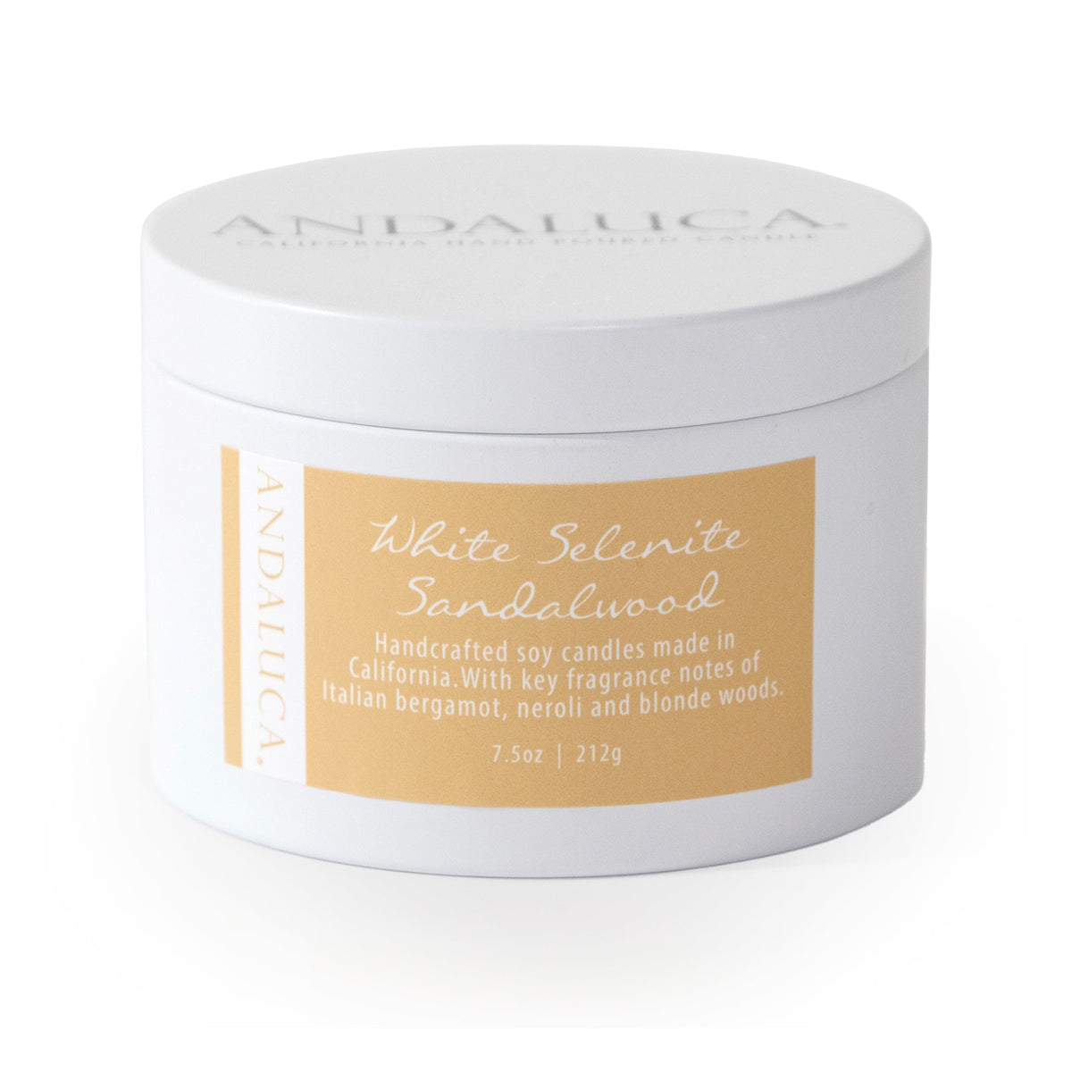 White Selenite Sandalwood 6 oz. Tin Candle