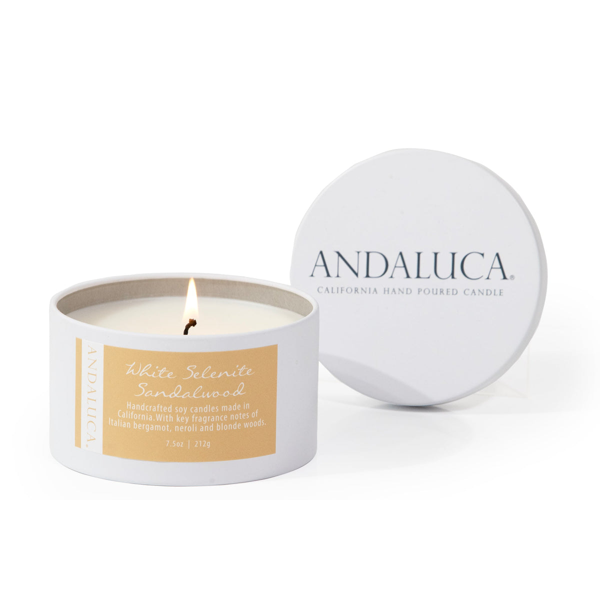White Selenite Sandalwood 6 oz. Tin Candle