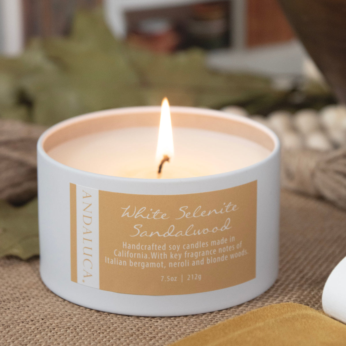 White Selenite Sandalwood 6 oz. Tin Candle