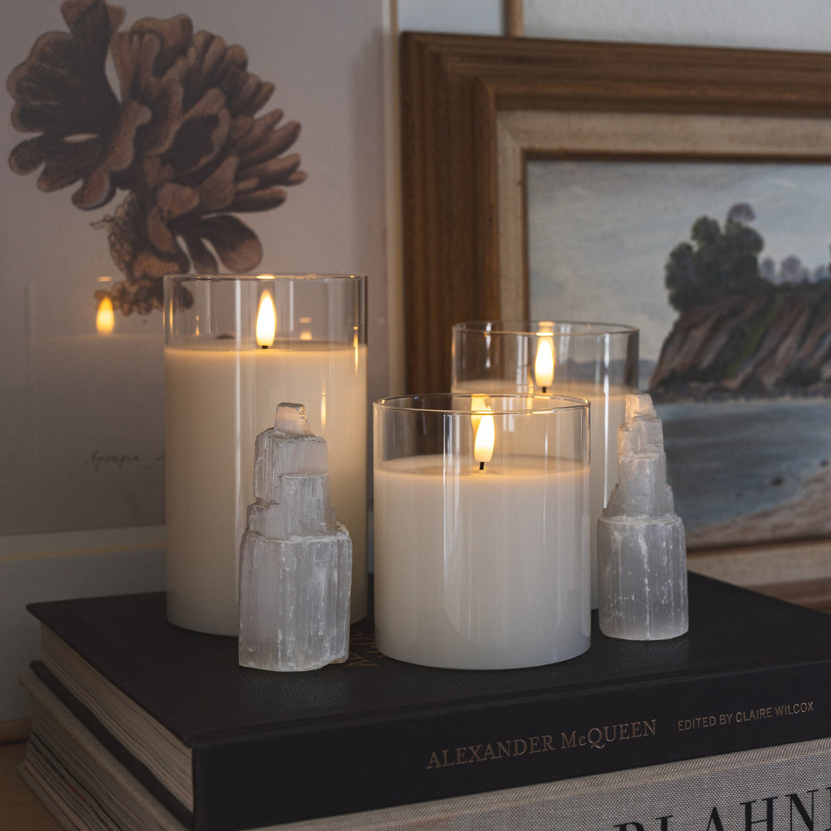 Flameless LED Hurricane Glass Candles - White  - Set of 3 with Remote and Timer