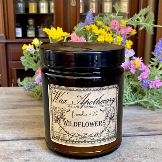 Candela botanica da 6 once in vaso di vetro ambrato - Fiori di campo