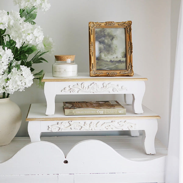 Antique Inspired Ornate White Wood Risers, Set of Two