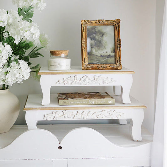 Antique Inspired Ornate White Wood Risers, Set of Two