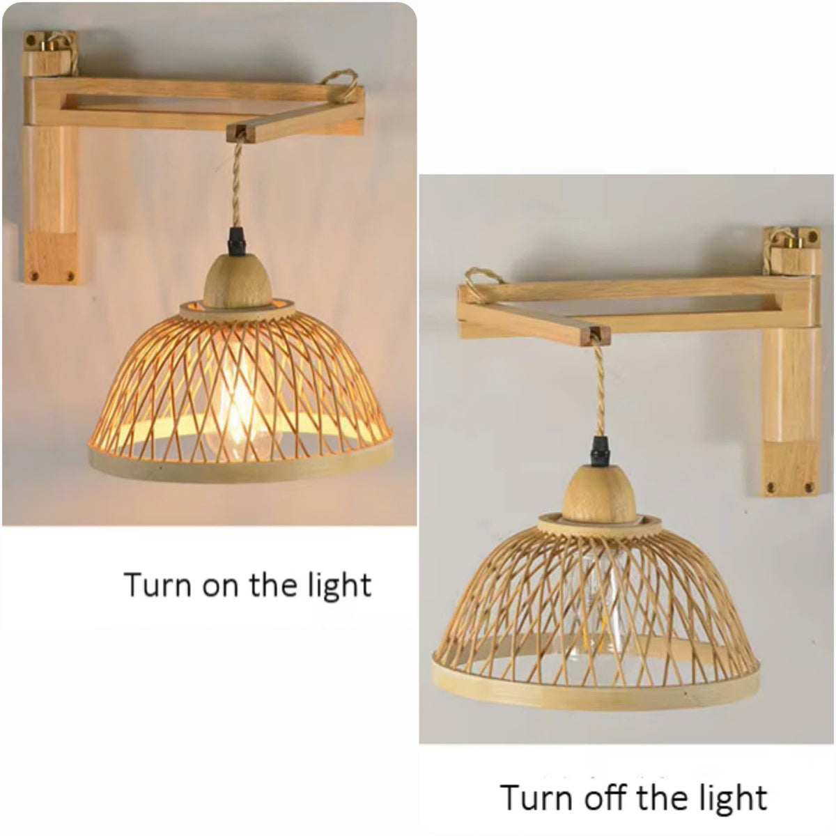 Adjustable Wooden Swing Arm Wall Lamp with Woven Bamboo Shade