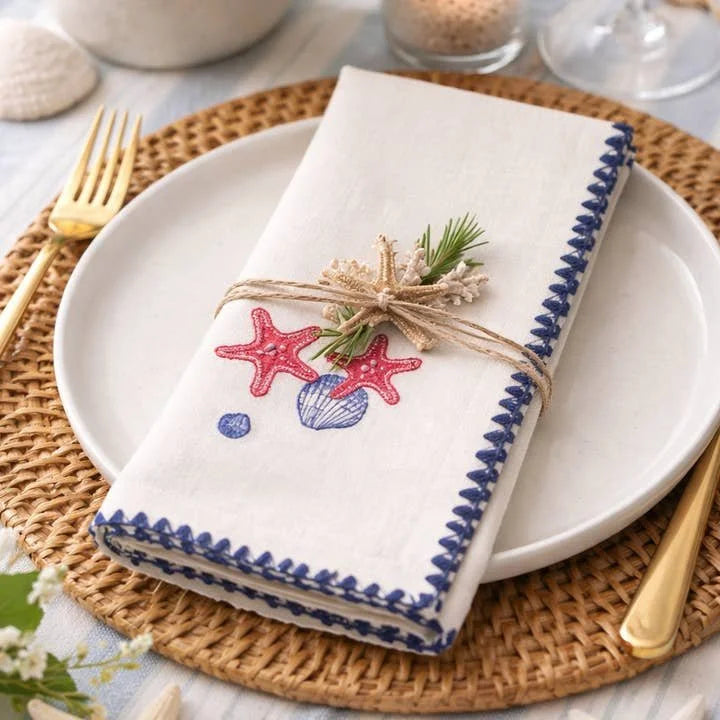 Embroidered Sea Shells Cotton Napkin — 18" Square