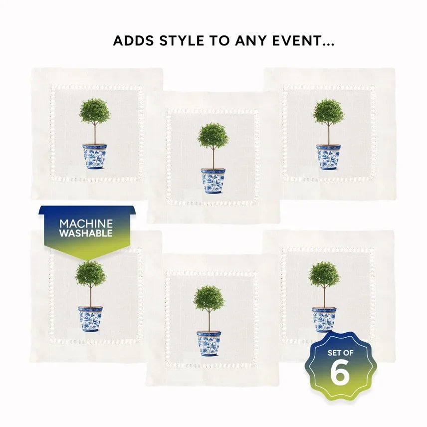 Chinoiserie Topiary Pot Hemstitch Napkins (Set of 6)