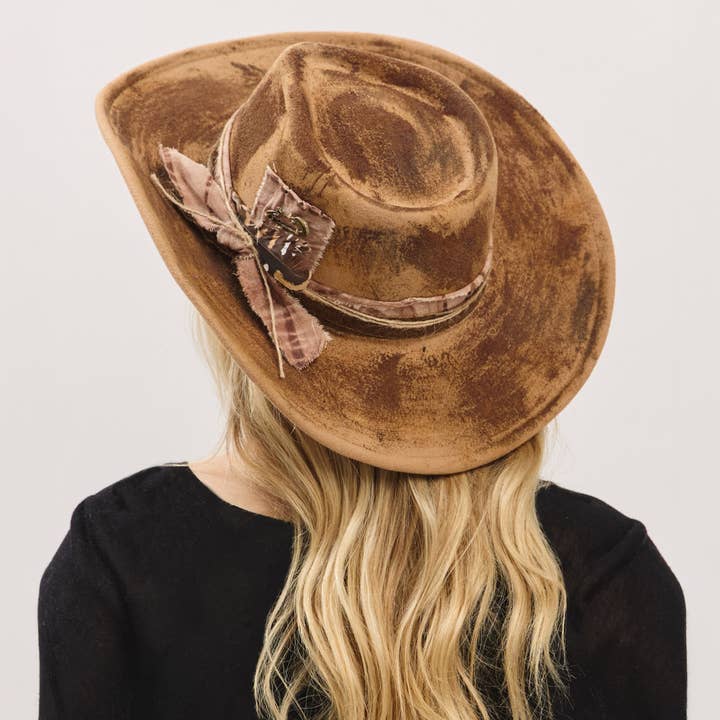Rustic Cowgirl Feather and Band Fedora Hat MH0235 Hana Brown 58.4 cm