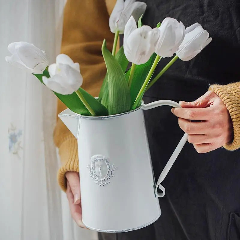 Vintage Style Rustic White Metal Flower Pitcher Vase