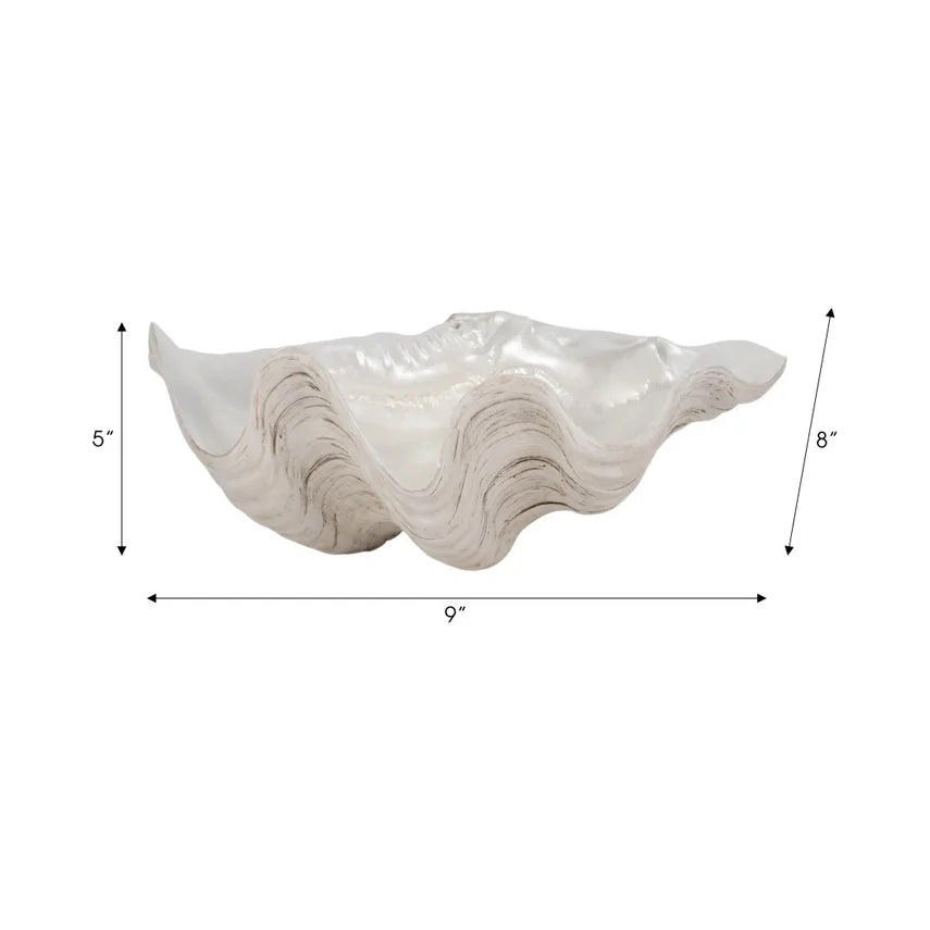 Ivory Pearlized Wavy Shell Bowl – Coastal Polyresin Accent (9")