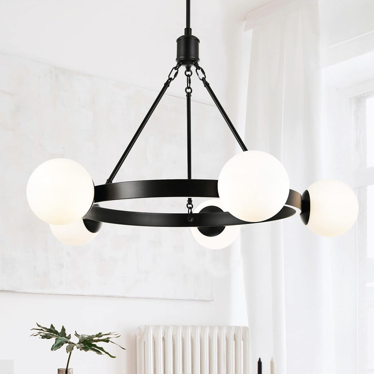 5 Light Black Globe Wagon Wheel Chandelier