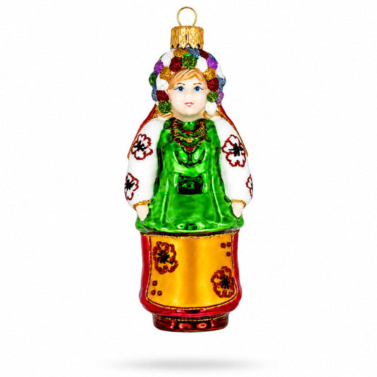 Ornement de Noël en verre représentant une femme ukrainienne en costume folklorique traditionnel