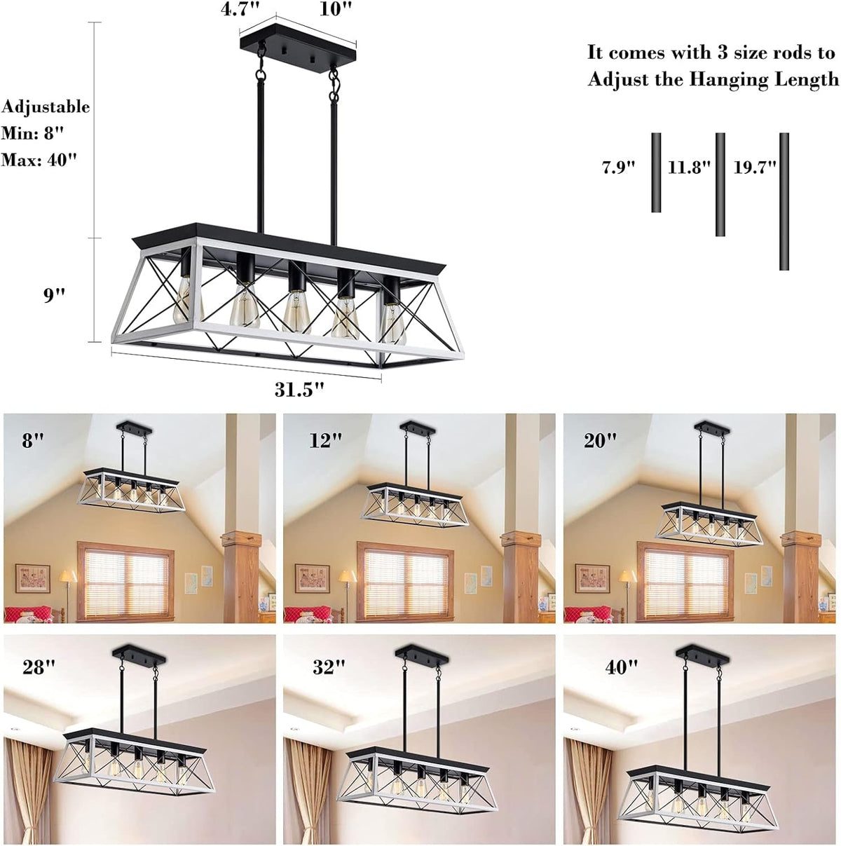 5-Light Farmhouse Pendant Linear Chandelier