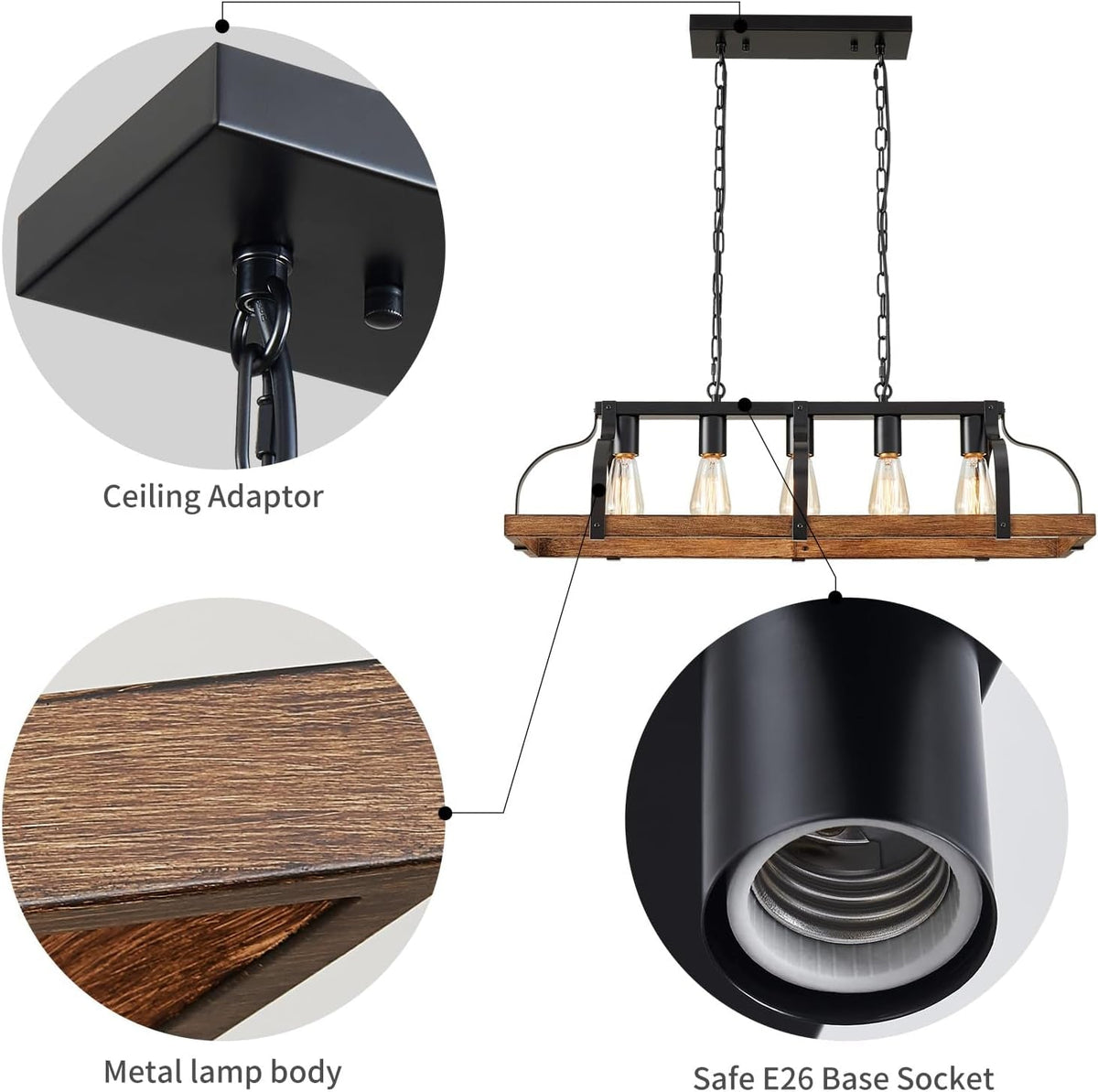 5-Light Metal Linear Chandelier Imitation Wood Grain
