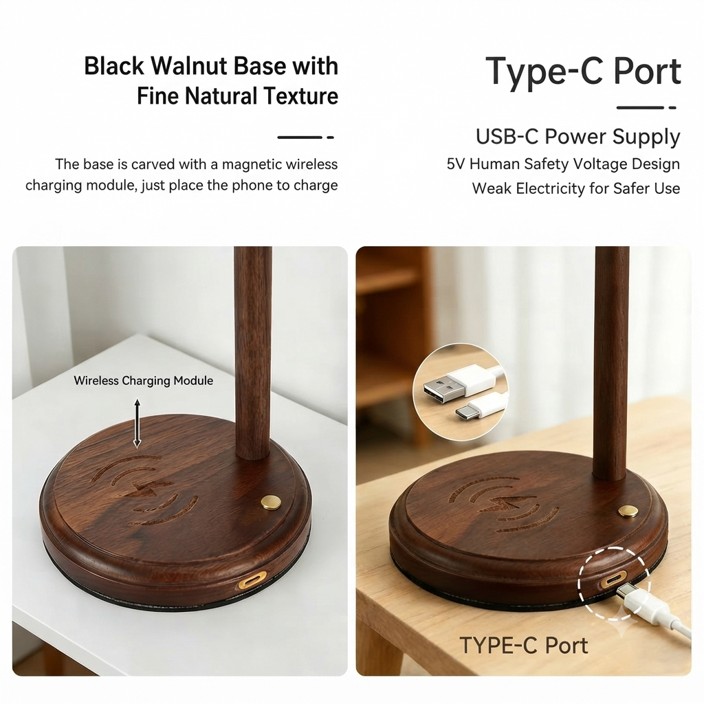 Wooden LED Desk Lamp with Wireless Charger | Multifunctional Bedside Light