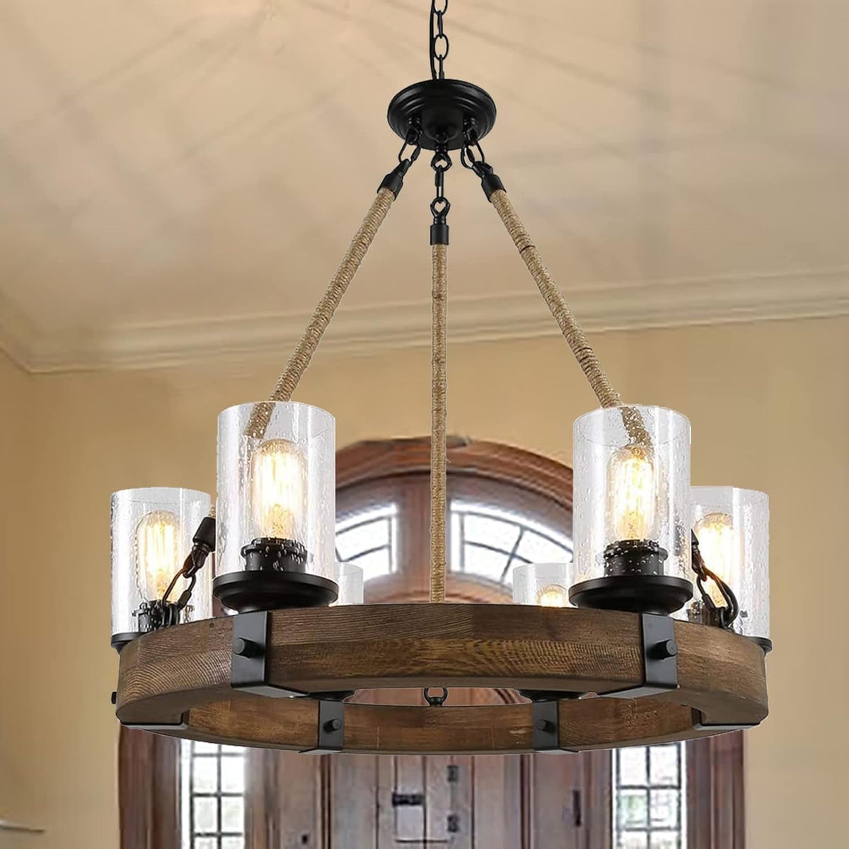 Rustic 6 Light Wagon Wheel Chandelier