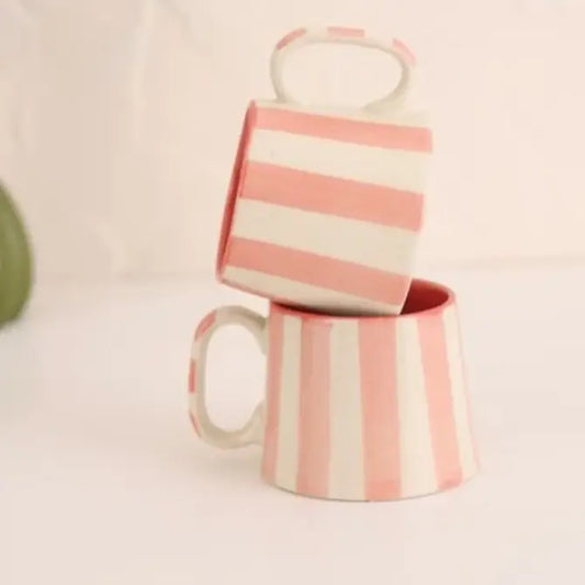 Tasse à café à rayures roses | Mug en grès peint à la main | 220 ml (lot de 2)